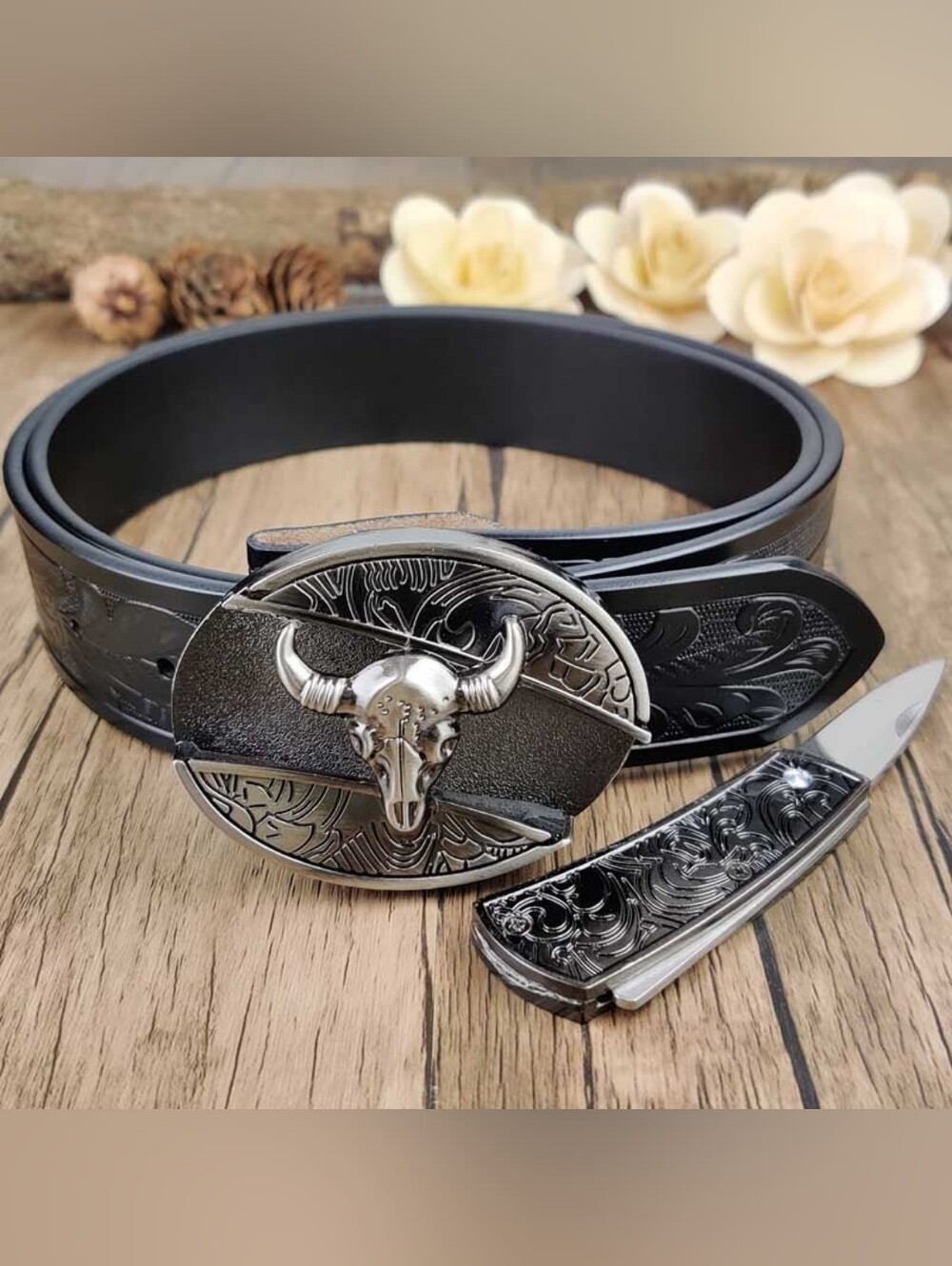Black Western Leather Belt with Bull Skull Buckle